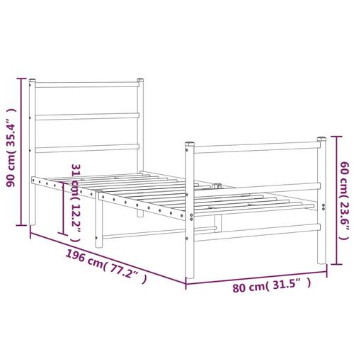 Sengeramme med sengegavl og fodgærde 75x190 cm metal hvid