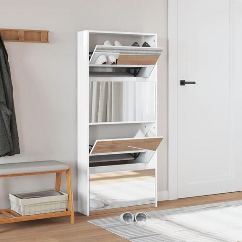 Skoskab med spejl og 4 hylder 63x17x134 cm hvid højglans