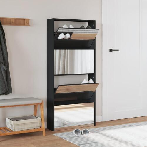 Skoskab med spejl og 4 hylder 63x17x134 cm sort