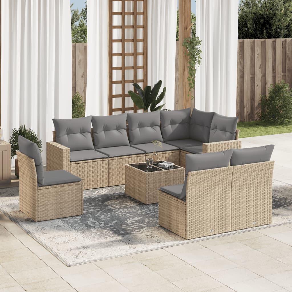 Sofasæt til haven 9 dele med hynder polyrattan beige