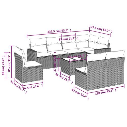 Sofasæt til haven 9 dele med hynder polyrattan beige