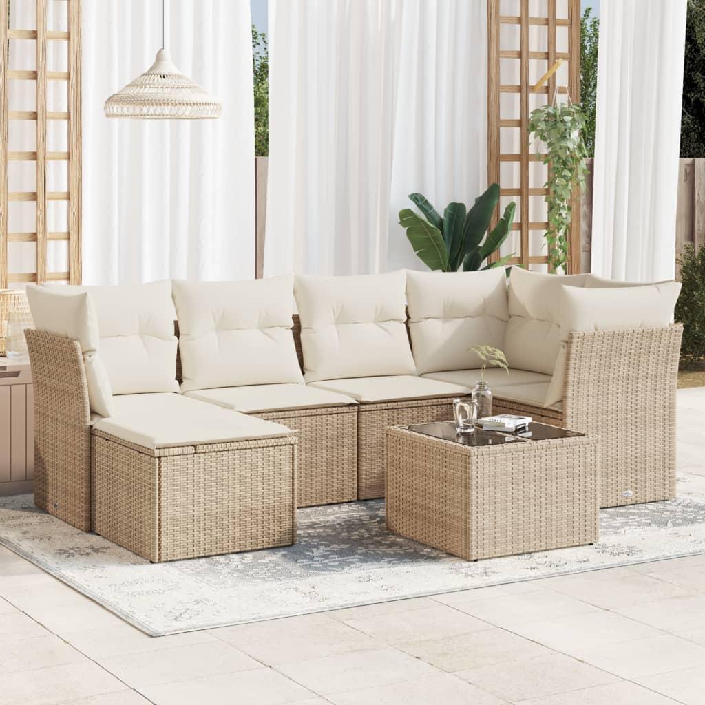 Sofasæt til haven 7 dele med hynder og glasbord i polyrattan - beige billede