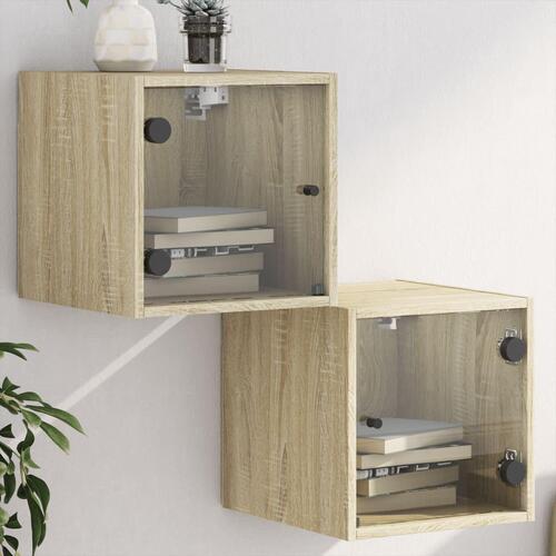 Sengeborde med glaslåger 2 stk. 35x37x35 cm grå sonoma-eg