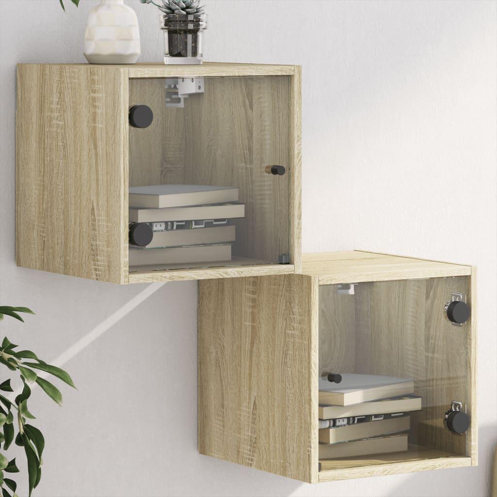 Sengeborde med glaslåger 2 stk. 35x37x35 cm grå sonoma-eg