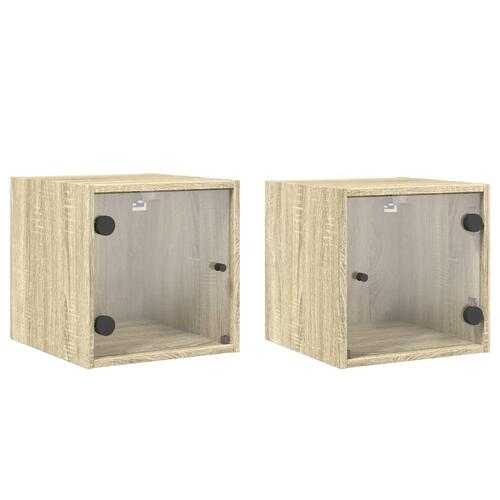 Sengeborde med glaslåger 2 stk. 35x37x35 cm grå sonoma-eg