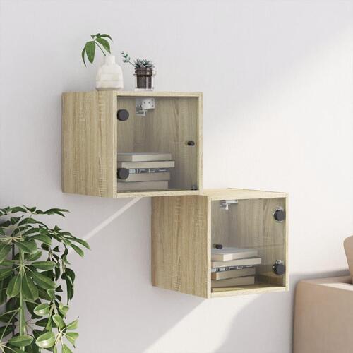 Sengeborde med glaslåger 2 stk. 35x37x35 cm grå sonoma-eg
