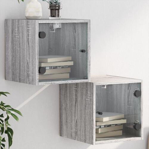 Sengeborde med glaslåger 2 stk. 35x37x35 cm grå sonoma-eg