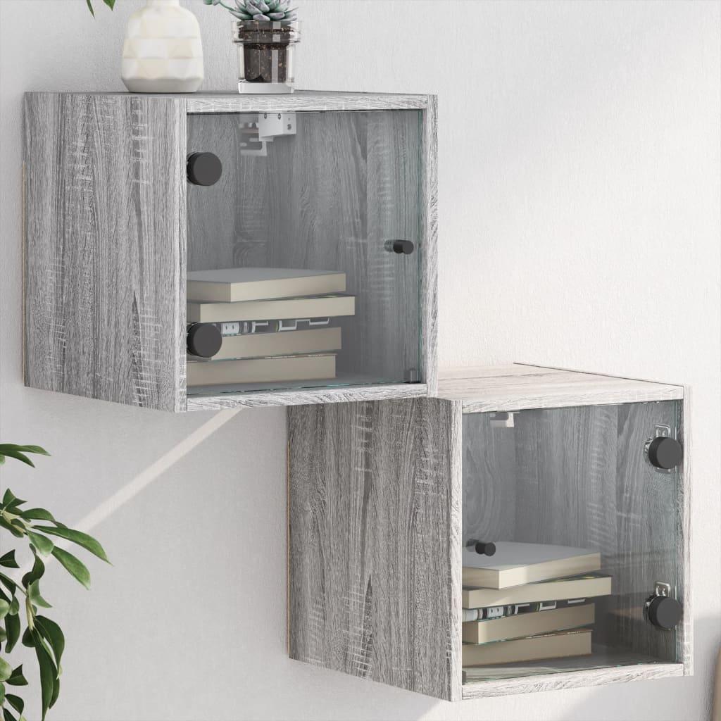 Sengeborde med glaslåger 2 stk. 35x37x35 cm grå sonoma-eg