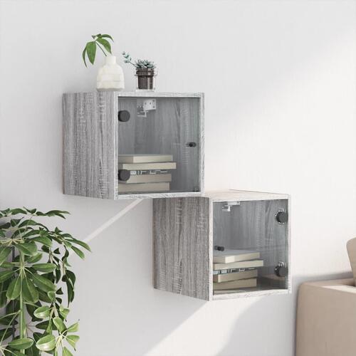 Sengeborde med glaslåger 2 stk. 35x37x35 cm grå sonoma-eg