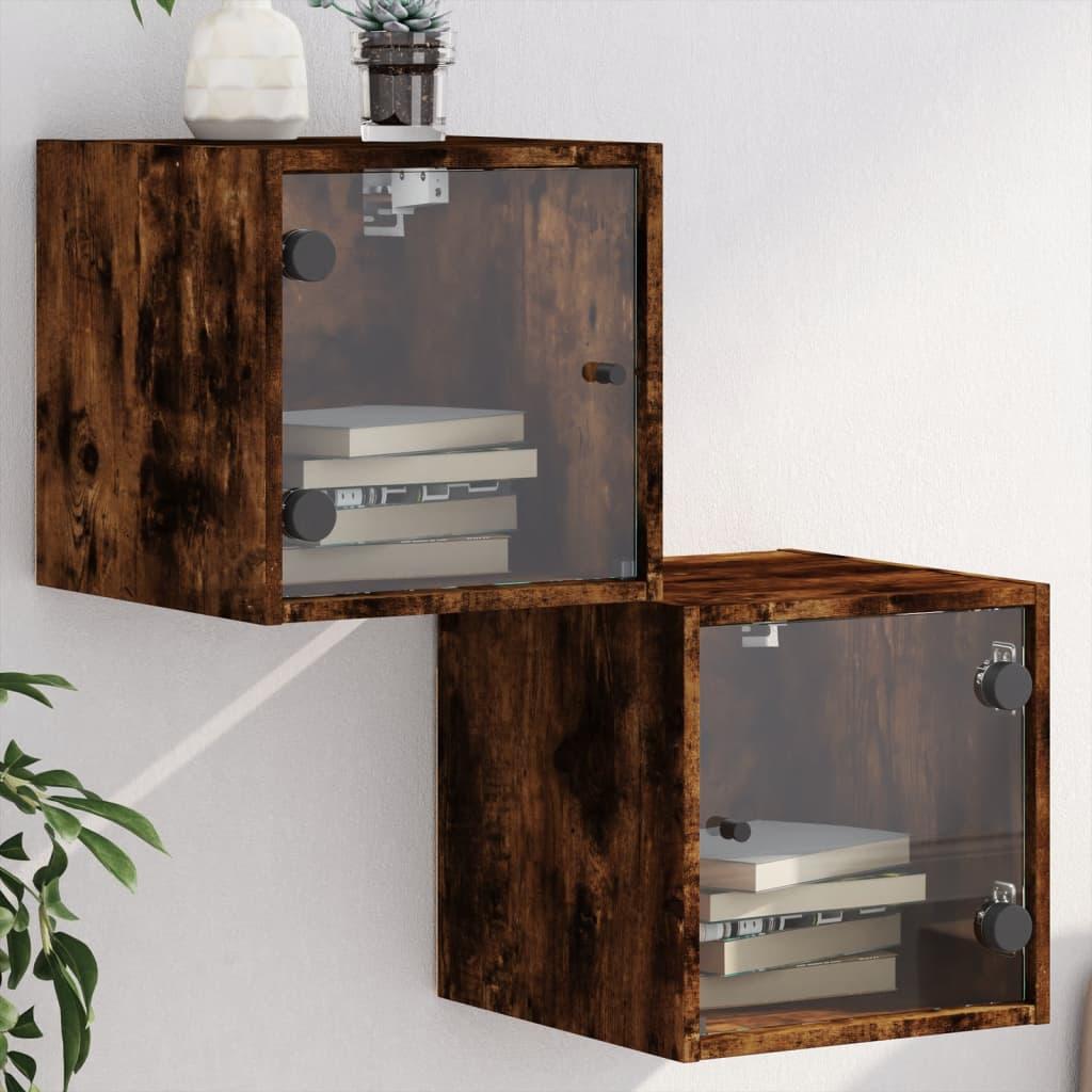 Sengeborde 2 stk. med glaslåger 35x37x35 cm røget egetræsfarve