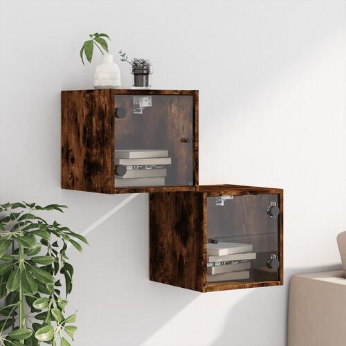 Sengeborde 2 stk. med glaslåger 35x37x35 cm røget egetræsfarve