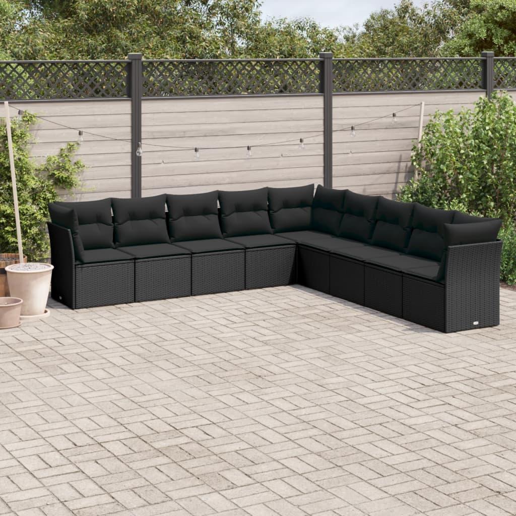 Sofasæt til haven i polyrattan - 9 dele med hynder, sort
