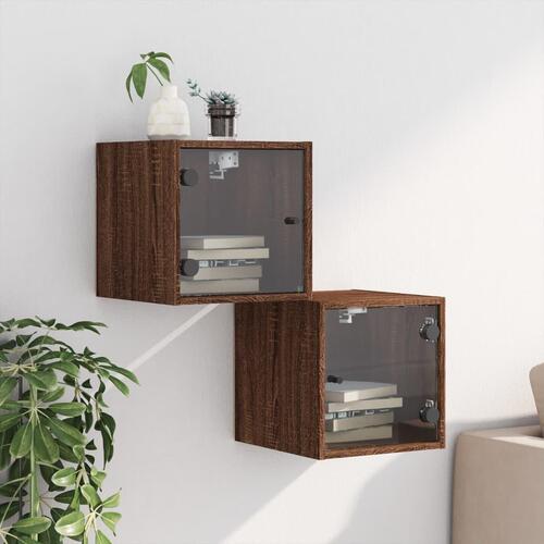 Sengeborde med glaslåger 2 stk. 35x37x35 cm brun egetræ