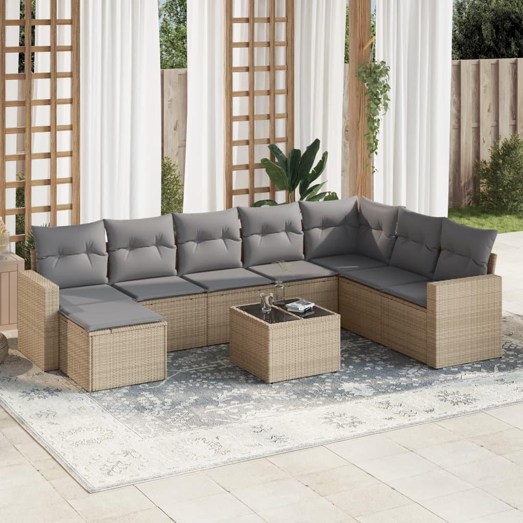 Havesofasæt i polyrattan - 9 dele med hynder, beige