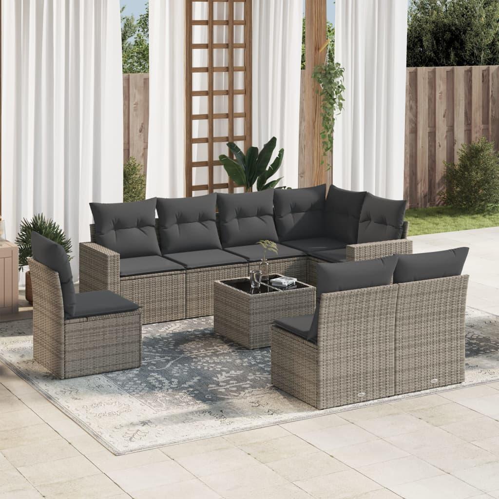 Sofasæt til haven i polyrattan - 9 dele med hynder, grå