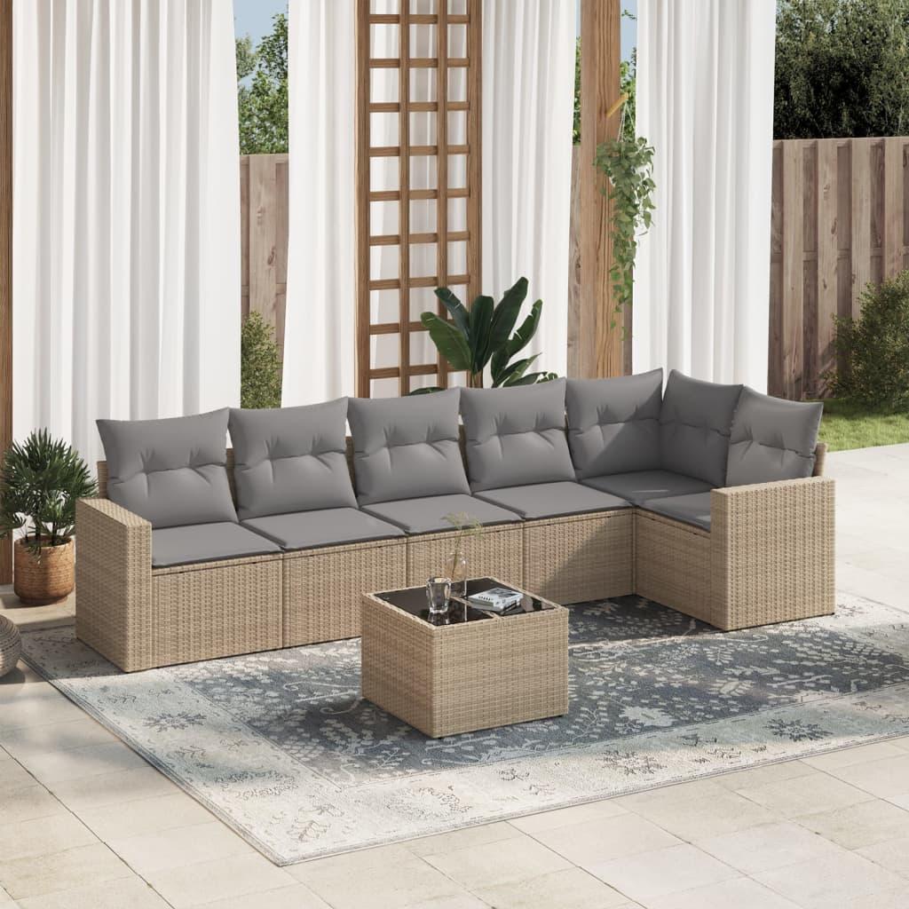 Sofasæt til haven i polyrattan - 7 dele med hynder, beige/lysegrå