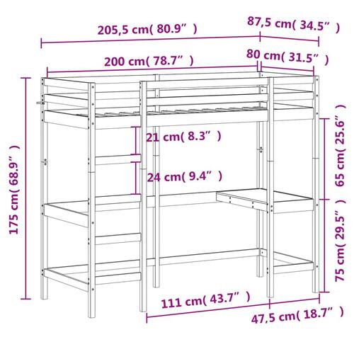 Højseng med skrivebord 80x200 cm massivt fyrretræ gyldenbrun