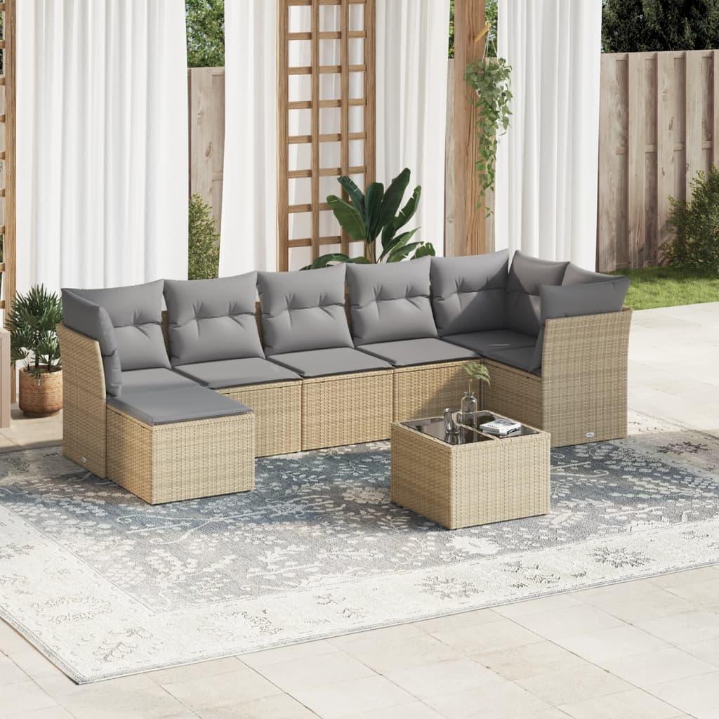 Sofasæt til haven i polyrattan - 8 dele med hynder, beige/lysegrå