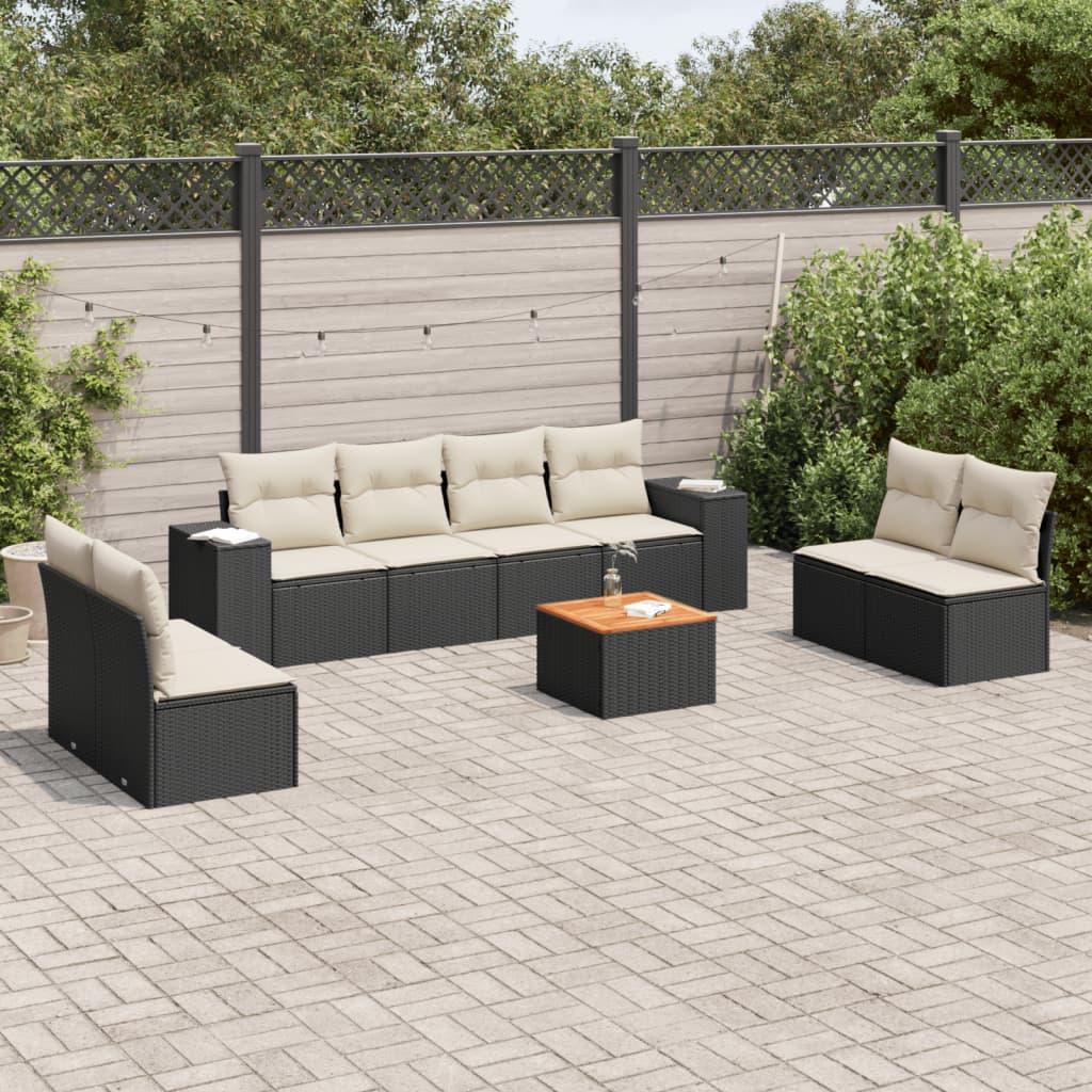 Sofasæt til haven i polyrattan - 9 dele med hynder, sort