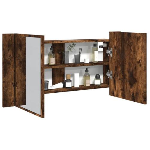 Badeværelsesskab m. spejl og LED-lys 90x12x45 cm akryl røget eg