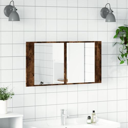 Badeværelsesskab m. spejl og LED-lys 90x12x45 cm akryl røget eg