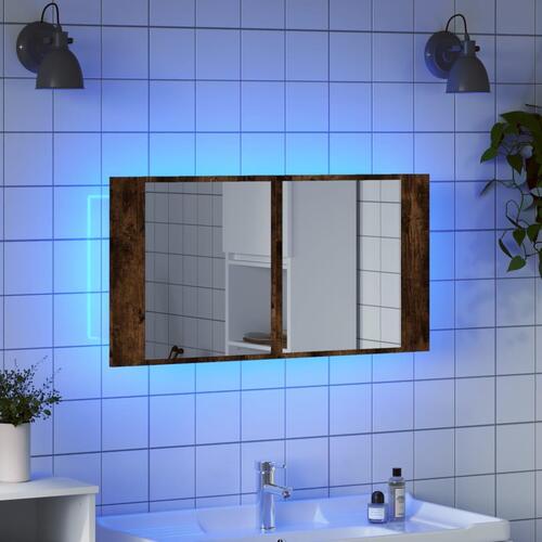 Badeværelsesskab m. spejl og LED-lys 90x12x45 cm akryl røget eg
