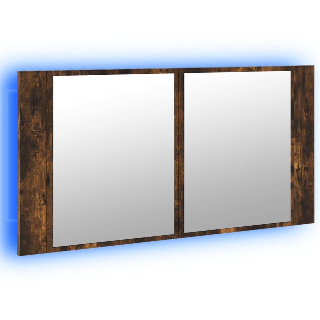 Badeværelsesskab m. spejl og LED-lys 90x12x45 cm akryl røget eg