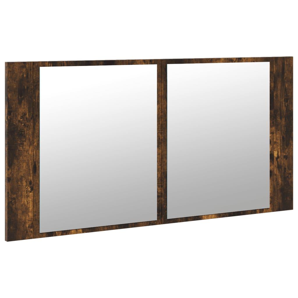 Badeværelsesskab m. spejl og LED-lys 90x12x45 cm akryl røget eg