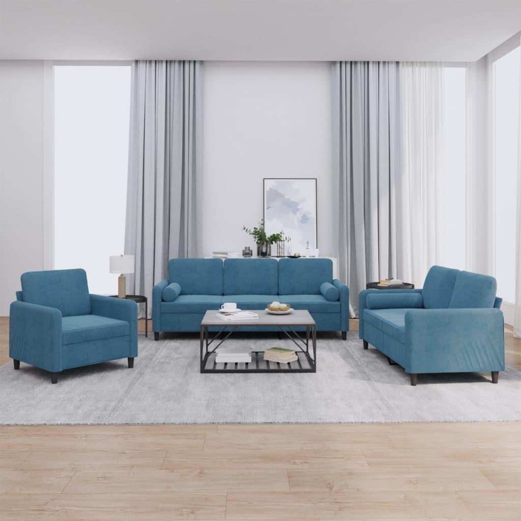 3 personers sofa med puder velour blå