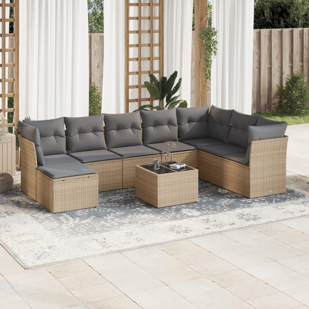 Sofasæt til haven 9 dele med hynder og glasbord i polyrattan - beige