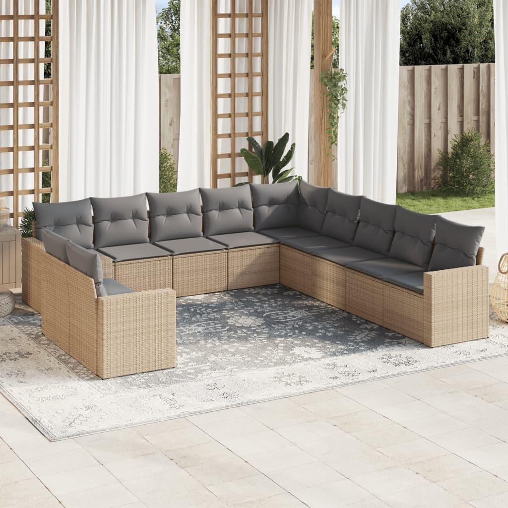 Sofasæt til haven i polyrattan - 11 dele med hynder, beige/lysegrå