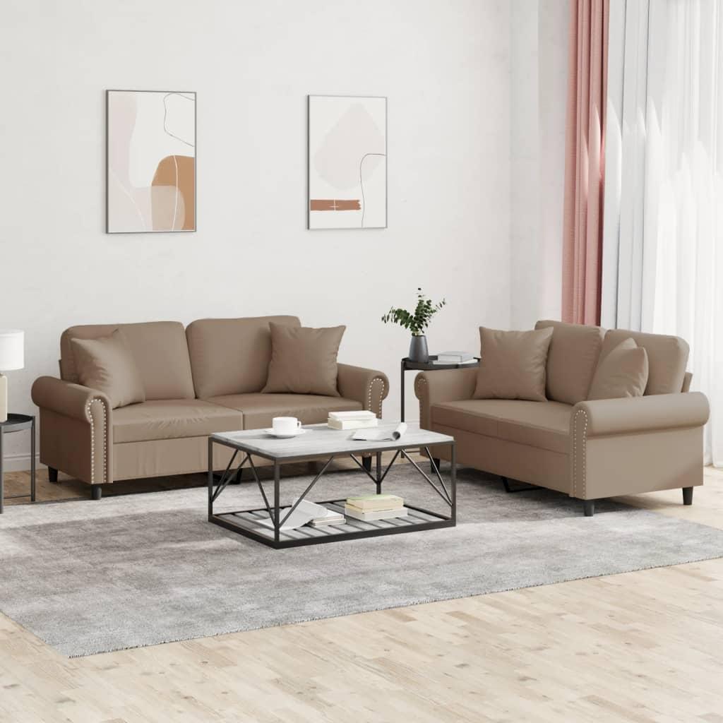 2 personers sofa med puder kunstlæder cappuccinofarvet