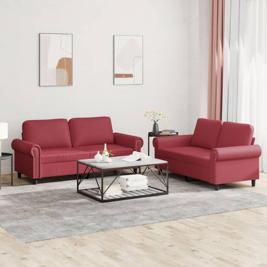 2 personers sofa med hynder kunstlæder vinrød