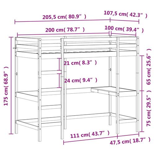 Højseng med skrivebord 100x200 cm massivt fyrretræ gyldenbrun