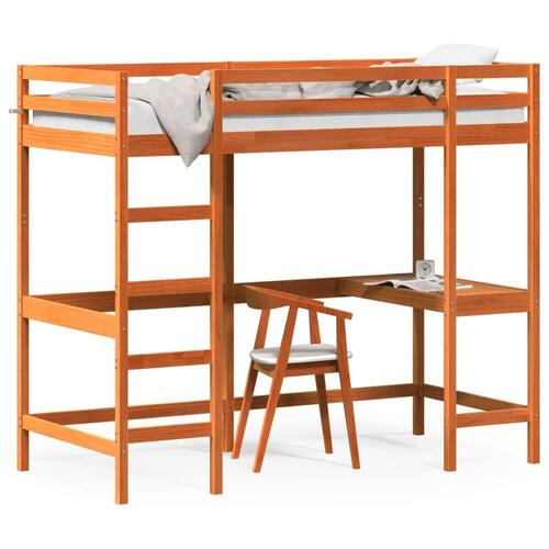 Højseng med skrivebord 90x190 cm massivt fyrretræ gyldenbrun