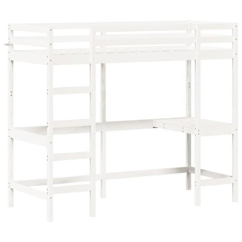 Højseng med skrivebord 75x190 cm massivt fyrretræ hvid