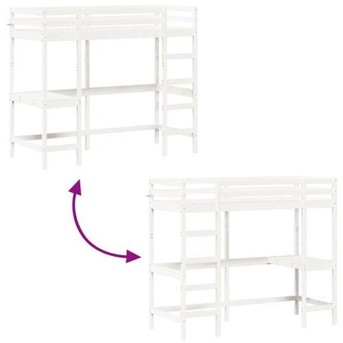 Højseng med skrivebord 75x190 cm massivt fyrretræ hvid