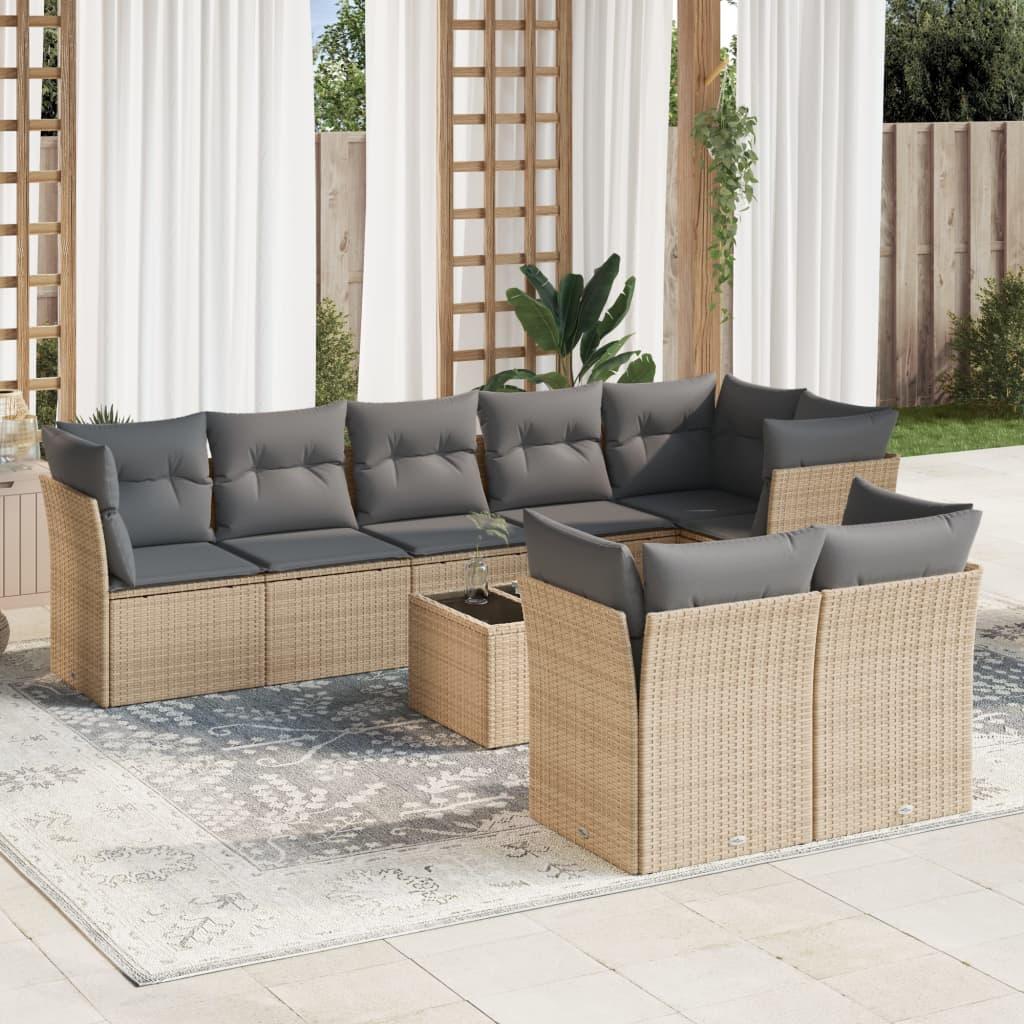Sofasæt til haven i polyrattan - 9 dele med lysegrå hynder, beige billede