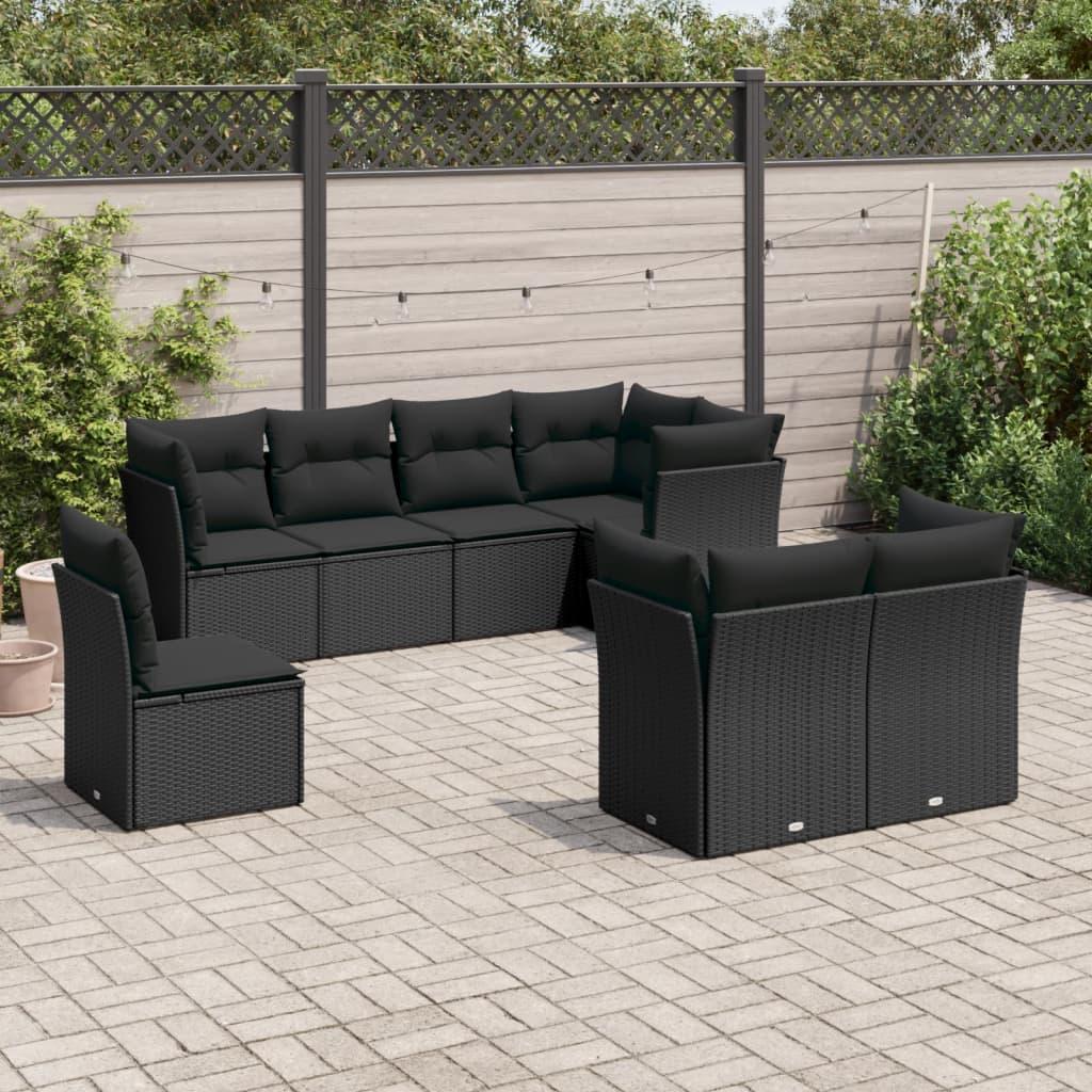 Sofasæt til haven i polyrattan - 8 dele med hynder, sort