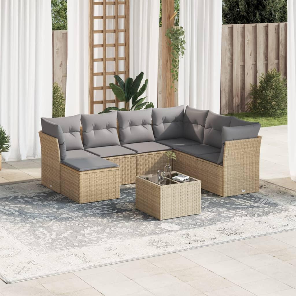 Sofasæt til haven i polyrattan - 8 dele med hynder, beige/lysegrå