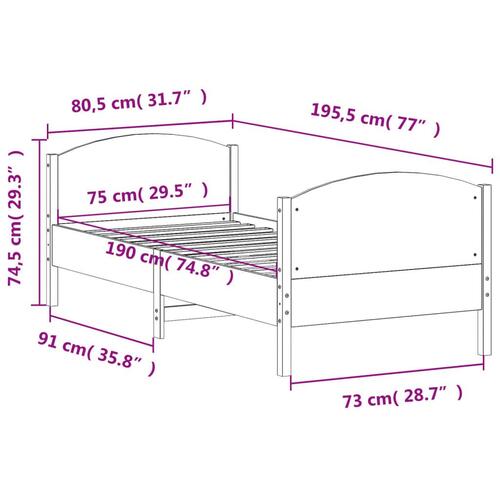 Sengeramme uden madras 75x190 cm massivt fyrretræ hvid