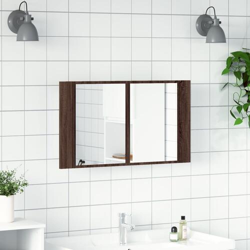 Badeværelsesskab m. spejl og LED-lys 80x12x45 cm akryl brunt eg
