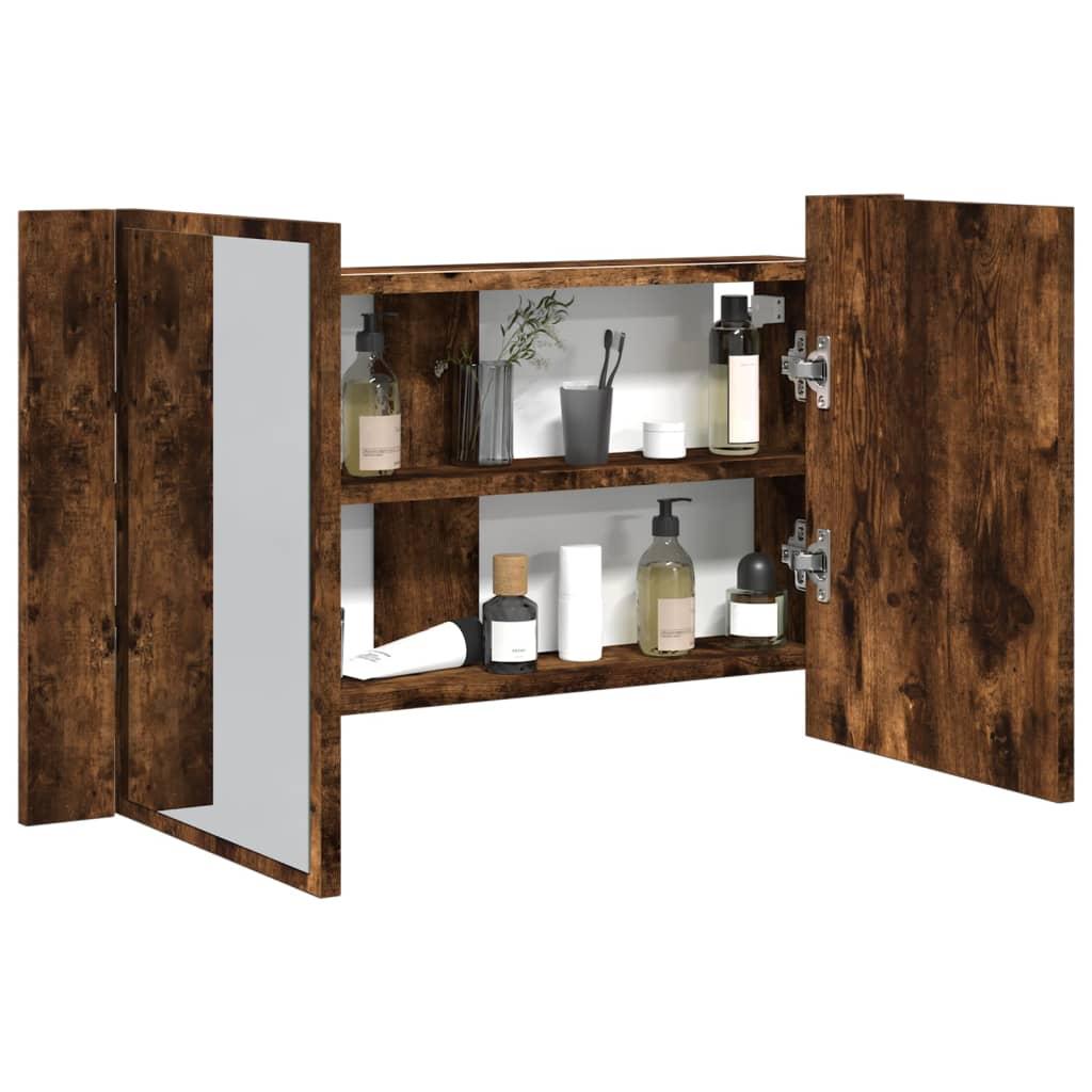 Badeværelsesskab m. spejl og LED-lys 80x12x45 cm akryl røget eg