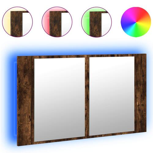 Badeværelsesskab m. spejl og LED-lys 80x12x45 cm akryl røget eg