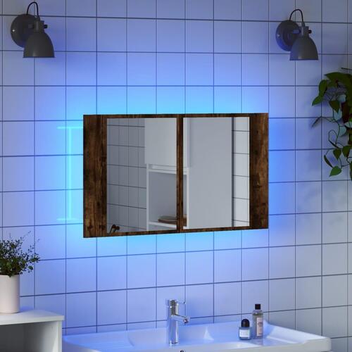 Badeværelsesskab m. spejl og LED-lys 80x12x45 cm akryl røget eg