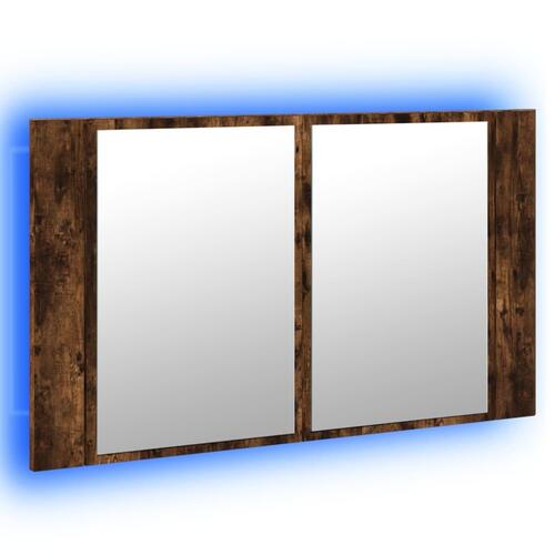 Badeværelsesskab m. spejl og LED-lys 80x12x45 cm akryl røget eg