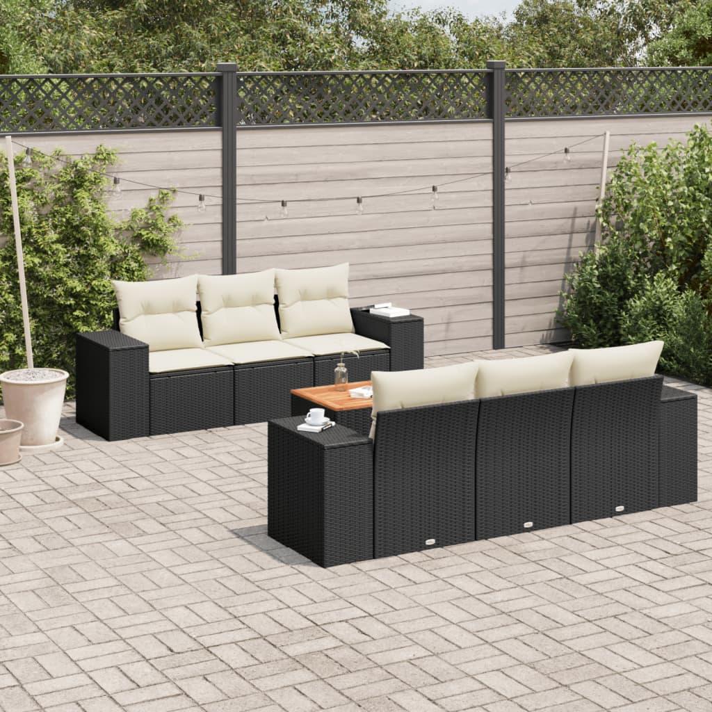 Sofasæt til haven i polyrattan - 7 dele med hynder, sort