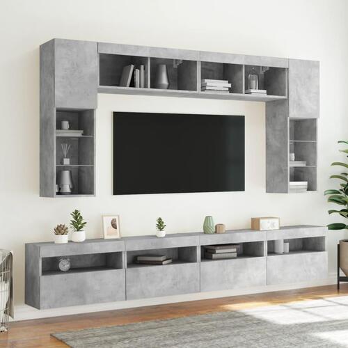 Væghængt tv-møbel 8 dele med LED-lys betongrå