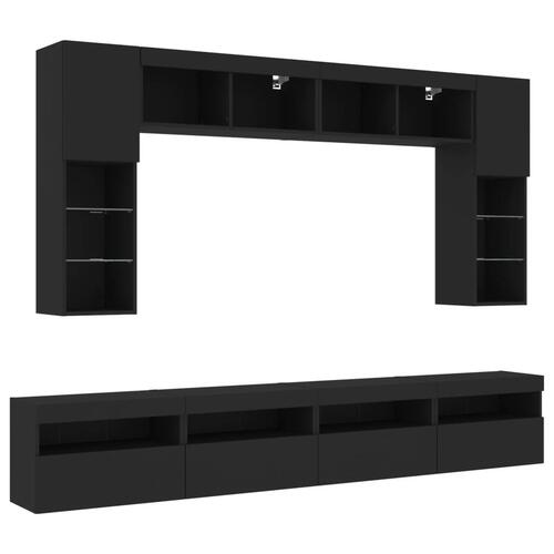 Væghængt tv-møbel 8 dele med LED-lys sort