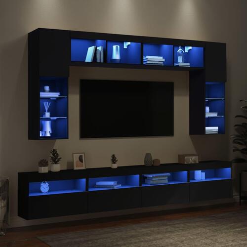 Væghængt tv-møbel 8 dele med LED-lys sort